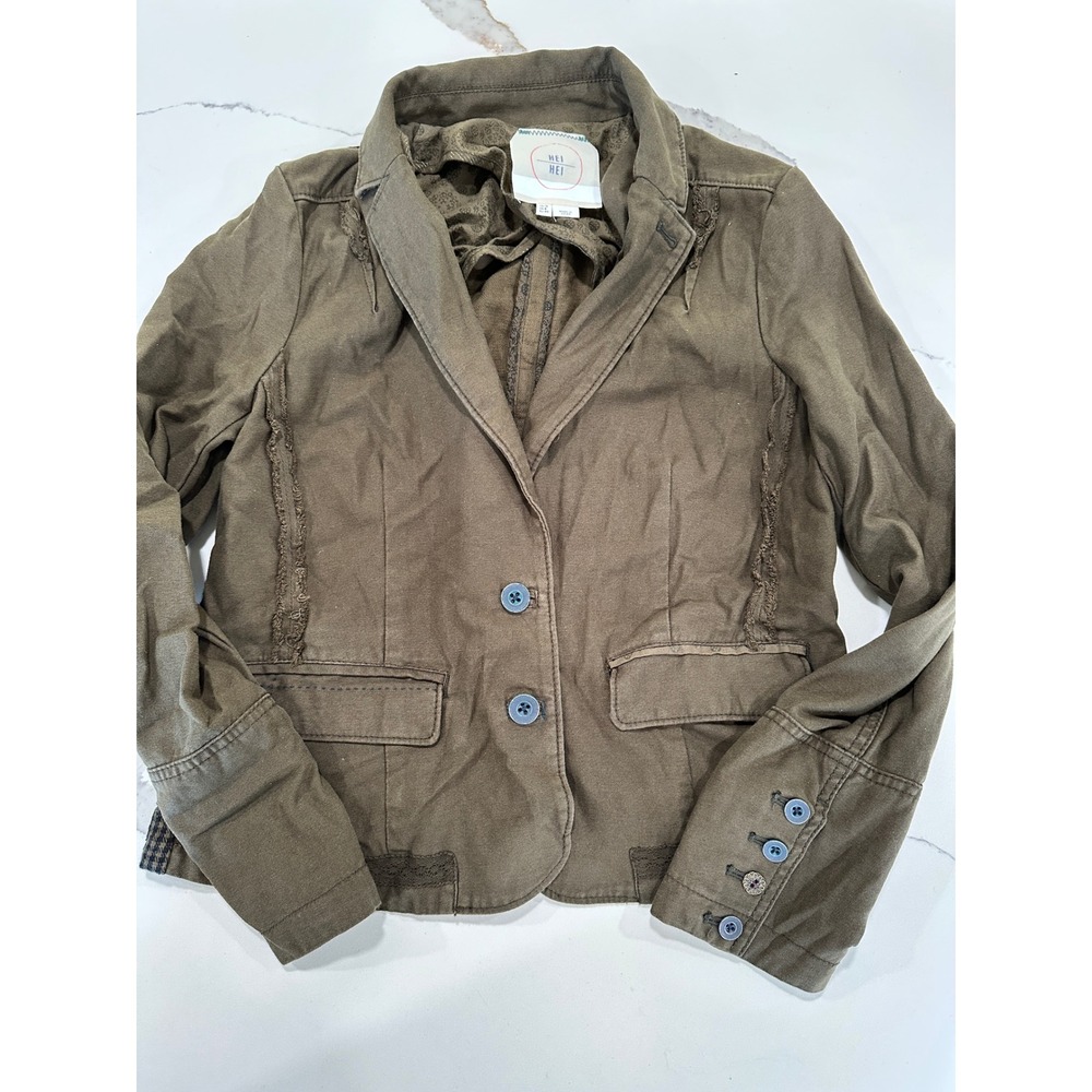Hei Hei Anthropologie Olive Plaid Back Lace Trim Utility Blazer Jacket US 8